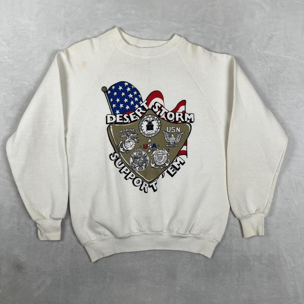 Vintage Desert Storm Support 'Em Sweatshirt Mens Large White USA Flag 90s